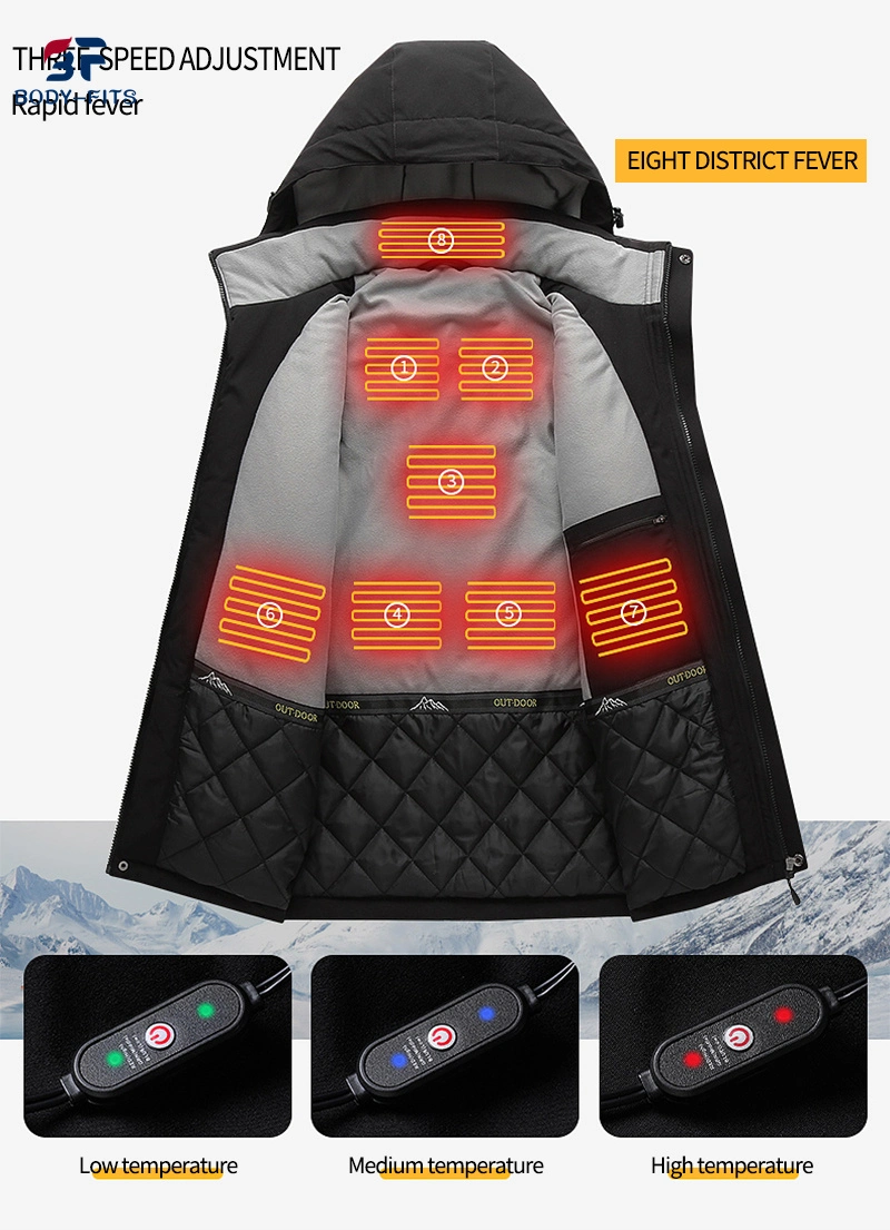 Wholesale Winter Zipper Waterproof Ski Hunting Windbreaker Clothes Heated Jacket with Hoodie